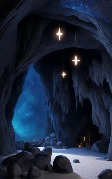 , A dark mysterious cave adorned with black onyx crystals reminiscent of a starry night.