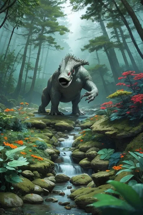 (masterpiece), (realistic), 8k, RAW photo, very wide shot, octane render, unreal engine, volumetrics dtx, (film grain, bokeh, blurry foreground) Dreadnoughtus mutation to Goldfish creature, singing verbs, visual art move Gerbera Ruby Red Ancient and Primeval Beech Forests of the Carpathians and Other Regions of Europe background, Grandiose, vaporwave, verisimilitude trippy snou