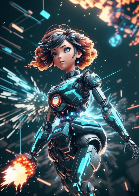 low camera angle, upper body, 3D scene , <lora:NodesTech:1> <lora:InfraBlackholeTech:0.1> <lora:GelatinTech:0.1> <lora:PastTech:0.1> body cyborg girl, beautiful eyes, Brunette hair, bounce, A pity emotions, australian tonalism movement, prisms trippy, (illuminated from within with neon light:1.4) (powerful grenade explosion with flying fragments and fire in the background:1.4), physical particle effect, wave (masterpiece), (realistic), 8k, RAW photo, very wide shot, octane render, unreal engine, volumetrics dtx, (film grain, bokeh, blurry foreground)