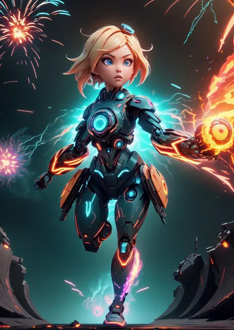 low camera angle, upper body, 3D scene , <lora:InfraBlackholeTech:0.7> <lora:GelatinTech:0.3> body cyborg girl, beautiful eyes, Blond hair, run, Fear emotions, street art movement, ether trippy, (illuminated from within with neon light:1.4) (powerful grenade explosion with flying fragments and fire in the background:1.4), physical particle effect, wave (masterpiece), (realistic), 8k, RAW photo, very wide shot, octane render, unreal engine, volumetrics dtx, (film grain, bokeh, blurry foreground)