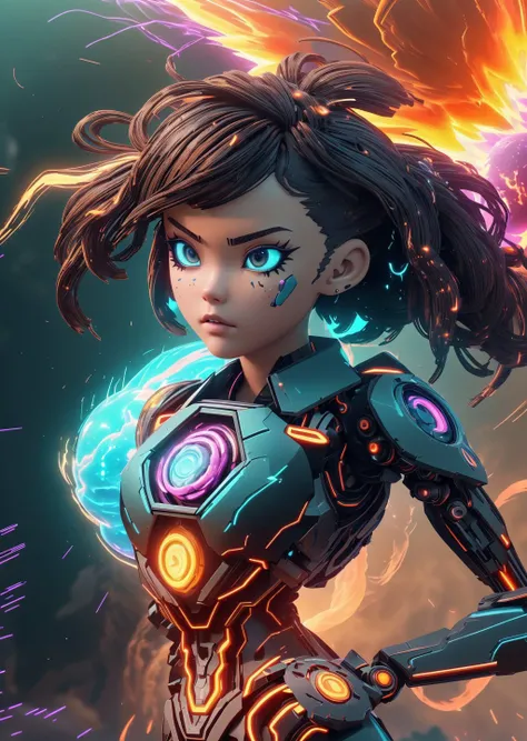 low camera angle, upper body, 3D scene , <lora:InfraBlackholeTech:0.7> <lora:GelatinTech:0.3> body cyborg girl, beautiful eyes, Brunette hair, fights, Fury emotions, aestheticism movement, multicolored trippy, (illuminated from within with neon light:1.4) (powerful grenade explosion with flying fragments and fire in the background:1.4), physical particle effect, wave (masterpiece), (realistic), 8k, RAW photo, very wide shot, octane render, unreal engine, volumetrics dtx, (film grain, bokeh, blurry foreground)