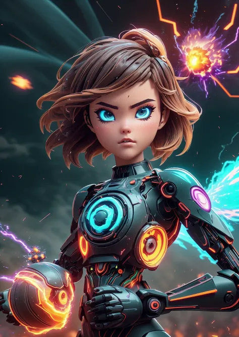 low camera angle, upper body, 3D scene , <lora:InfraBlackholeTech:0.7> <lora:GelatinTech:0.3> body cyborg girl, beautiful eyes, Brown-haired hair, fights, frowning emotions, neo-romanticism movement, dazed trippy, (illuminated from within with neon light:1.4) (powerful grenade explosion with flying fragments and fire in the background:1.4), physical particle effect, wave (masterpiece), (realistic), 8k, RAW photo, very wide shot, octane render, unreal engine, volumetrics dtx, (film grain, bokeh, blurry foreground)