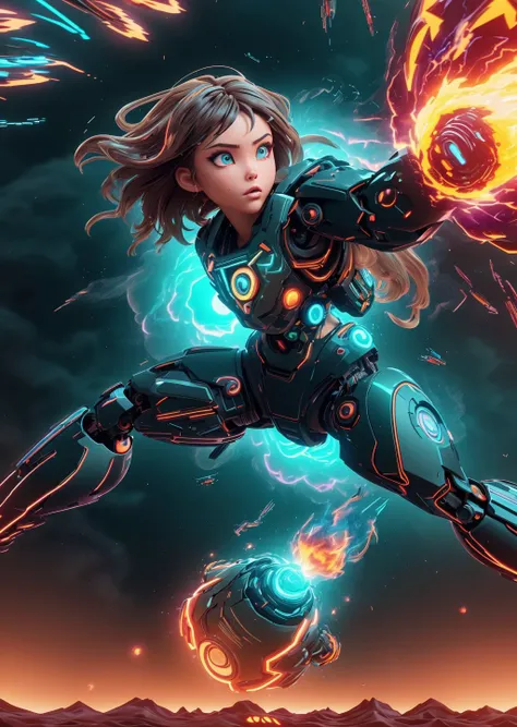 low camera angle, upper body, 3D scene , <lora:InfraBlackholeTech:0.7> <lora:GelatinTech:0.3> body cyborg girl, beautiful eyes, Brunette hair, a fall, Anger emotions, mannerism movement, numinous trippy, (illuminated from within with neon light:1.4) (powerful grenade explosion with flying fragments and fire in the background:1.4), physical particle effect, wave (masterpiece), (realistic), 8k, RAW photo, very wide shot, octane render, unreal engine, volumetrics dtx, (film grain, bokeh, blurry foreground)