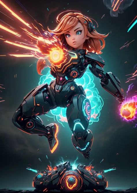 low camera angle, upper body, 3D scene , <lora:InfraBlackholeTech:0.7> <lora:GelatinTech:0.3> body cyborg girl, beautiful eyes, Ginger hair, dance, Astonishment emotions, futurism movement, lambent trippy, (illuminated from within with neon light:1.4) (powerful grenade explosion with flying fragments and fire in the background:1.4), physical particle effect, wave (masterpiece), (realistic), 8k, RAW photo, very wide shot, octane render, unreal engine, volumetrics dtx, (film grain, bokeh, blurry foreground)