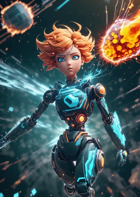 low camera angle, upper body, 3D scene , <lora:NodesTech:1> <lora:InfraBlackholeTech:0.1> <lora:GelatinTech:0.1> <lora:PastTech:0.1> body cyborg girl, beautiful eyes, Ginger hair, run, Fear emotions, neoclassicism movement, lambent trippy, (illuminated from within with neon light:1.4) (powerful grenade explosion with flying fragments and fire in the background:1.4), physical particle effect, wave (masterpiece), (realistic), 8k, RAW photo, very wide shot, octane render, unreal engine, volumetrics dtx, (film grain, bokeh, blurry foreground)