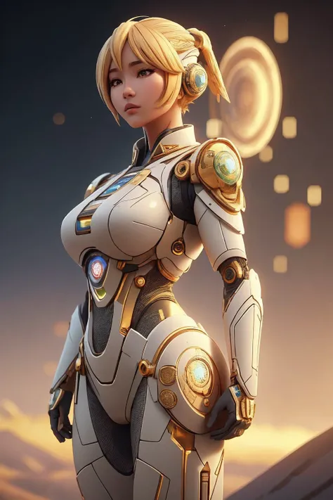 asian woman 25yo, Blond head, pointing, Melancholy, <lora:CarthageTech-26:0.8>, carthagetech , scifi, solar age, gold mosaic ,, (masterpiece), (realistic), 8k, RAW photo, very wide shot, octane render, unreal engine, volumetrics dtx, (film grain, bokeh, blurry foreground)