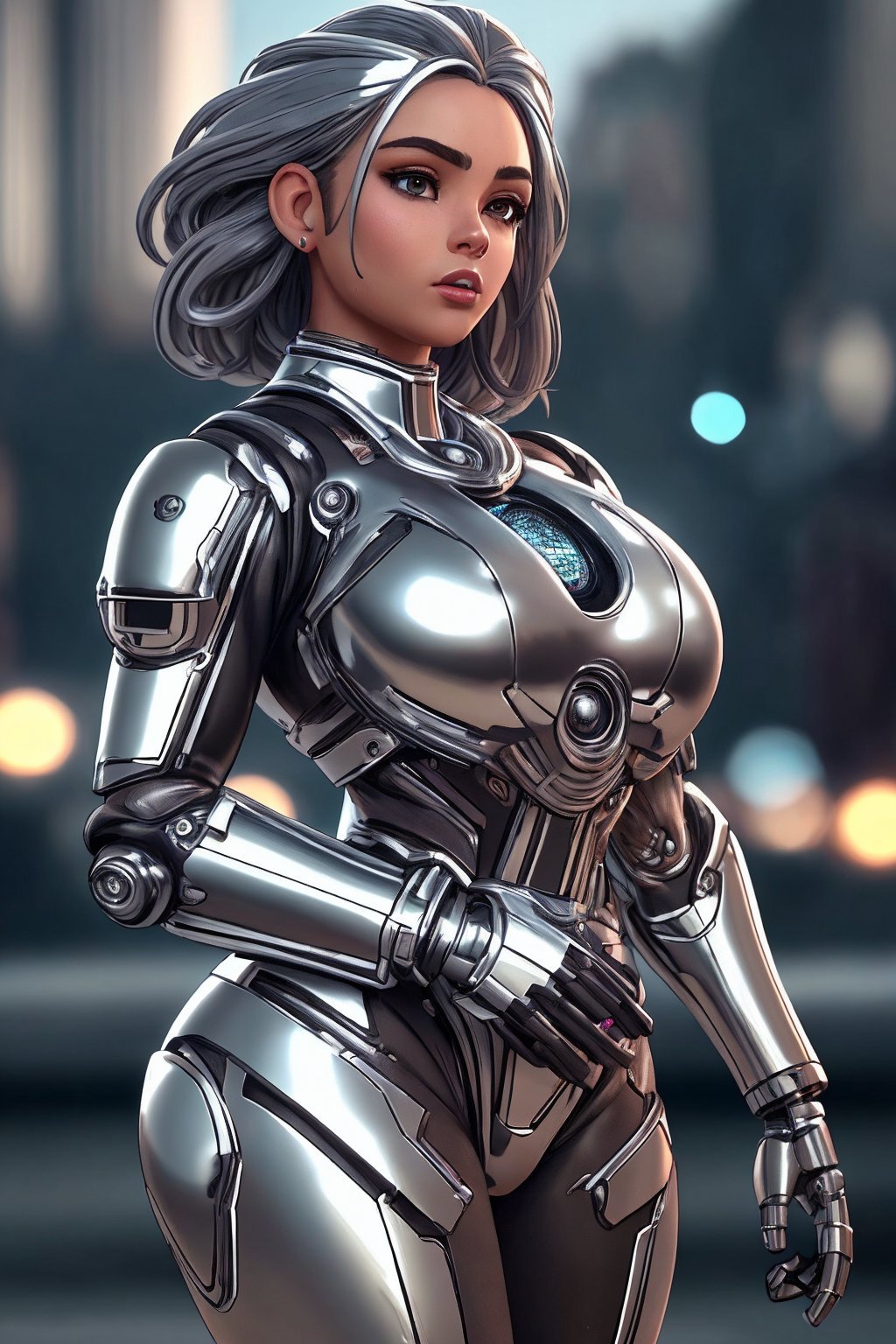 A woman in a futuristic suit standing in front of a city - SeaArt AI