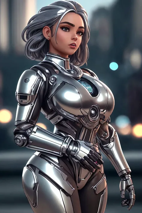 hispanic woman 25yo, Gray-haired head, lies, Envy, <lora:ChromeTech-21:0.8>,chrometech , scifi, metallic , chrome,, (masterpiece), (realistic), 8k, RAW photo, very wide shot, octane render, unreal engine, volumetrics dtx, (film grain, bokeh, blurry foreground)