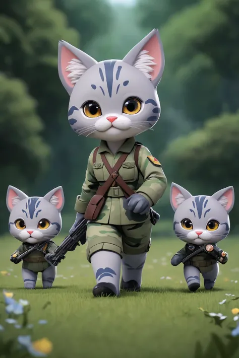 An army of adorable kittens, clad in miniature versions of military uniforms, marching in formation across a lush green field. Their furry little bodies are bedecked in various shades of green, brown, and black, mimicking the camouflage patterns of human soldiers. Each kitten carries a tiny weapon, such as a toy gun or a plastic sword, held high and steady as they march in unison. The sky above them is cloudless and blue, and the air is filled with the sound of their tiny paws striking the ground in rhythm. Their expressive faces, with their big round eyes and fluffy tails, are focused intently on their mission, yet they still manage to exude an irresistible cuteness that is both endearing and amusing. The image is both playful and whimsical, offering a lighthearted take on the traditional military theme while showcasing the endearing nature of these feline soldiers., (masterpiece), (realistic), 8k, RAW photo, very wide shot, octane render, unreal engine, volumetrics dtx, (film grain, bokeh, blurry foreground)