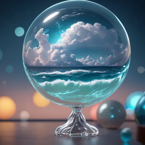 The world's oceans in a glass ball on a desk in the office, storm, (masterpiece), (realistic), 8k, RAW photo, very wide shot, octane render, unreal engine, volumetrics dtx, (film grain, bokeh, blurry foreground)