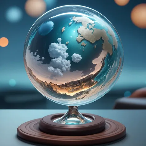 The world's oceans in a glass ball on a desk in the office, ship, seabed, storm, (masterpiece), (realistic), 8k, RAW photo, very wide shot, octane render, unreal engine, volumetrics dtx, (film grain, bokeh, blurry foreground)