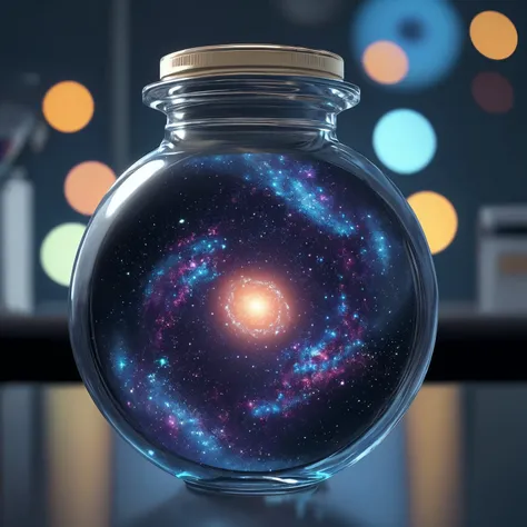 galaxy surrounded by space, in a glass jar on a table (in the office:1.5), (masterpiece), (realistic), 8k, RAW photo, very wide shot, octane render, unreal engine, volumetrics dtx, (film grain, bokeh, blurry foreground)