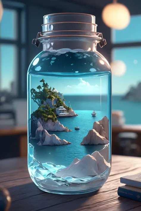 The world's oceans in a glass jar on a desk (in the office:1.3), ship, seabed, storm, (masterpiece), (realistic), 8k, RAW photo, very wide shot, octane render, unreal engine, volumetrics dtx, (film grain, bokeh, blurry foreground)