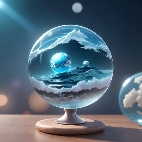 The world's oceans in a glass ball on a desk in the office, ship, seabed, storm, (masterpiece), (realistic), 8k, RAW photo, very wide shot, octane render, unreal engine, volumetrics dtx, (film grain, bokeh, blurry foreground)