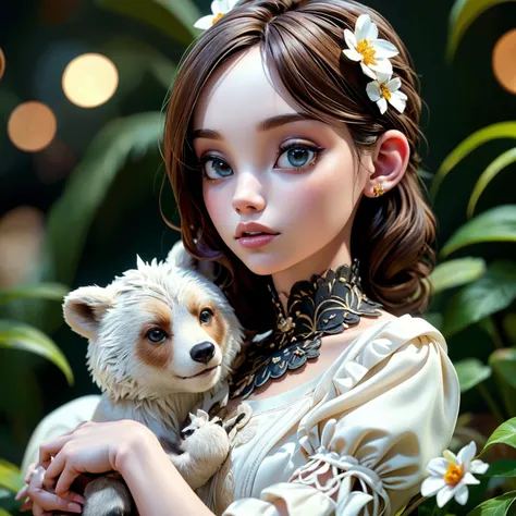 white woman 25yo, Brunette head, bounce, scowling, ,solo,portrait,sit,(looking at viewer),renaissance,flower,white dress,plant,simple background, <lora:tiger_v01_02:1> animalstyle, (a woman holding a bear baby),, (masterpiece), (realistic), 8k, RAW photo, very wide shot, octane render, unreal engine, volumetrics dtx, (film grain, bokeh, blurry foreground)