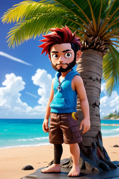 Young boy with beard, shipwrecked (Jamie Hewlett, Katsuya Terada) on a desert island, by the sea, beach, cabin branches, palm trees (John Berjey), anime style, 3D, hyper realistic, detailed drawing, watercolor and Indian ink technique, (masterpiece), (realistic), 8k, RAW photo, very wide shot, octane render, unreal engine, volumetrics dtx, (film grain, bokeh, blurry foreground)