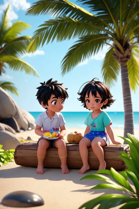 boy and young girl, shipwrecked, eating fruit on the beach, palm forest, anime style, 3D, hyper realistic, detailed drawing, watercolor and Indian ink technique., (masterpiece), (realistic), 8k, RAW photo, very wide shot, octane render, unreal engine, volumetrics dtx, (film grain, bokeh, blurry foreground)