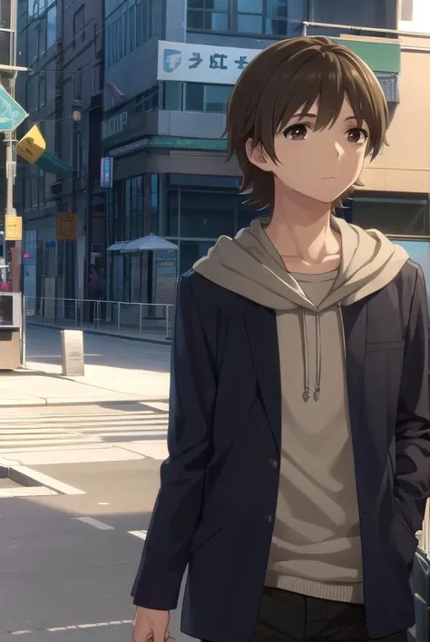 rentaroufutaba, <lora:rentarou futaba s1-lora-nochekaiser:1>,
rentarou futaba, short hair, brown hair, (brown eyes:1.5), male focus,
BREAK long sleeves, jacket, open clothes, hood, open jacket, hoodie, hood down,
BREAK outdoors, city,
BREAK looking at viewer, (cowboy shot:1.5)
BREAK <lyco:GoodHands-beta2:1>, (masterpiece:1.2), best quality, high resolution, unity 8k wallpaper, (illustration:0.8), (beautiful detailed eyes:1.6), extremely detailed face, perfect lighting, extremely detailed CG, (perfect hands, perfect anatomy),