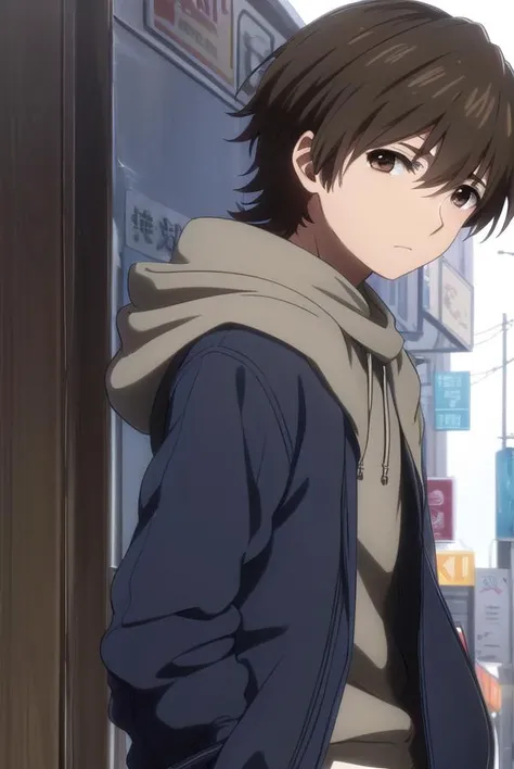 rentaroufutaba, <lora:rentarou futaba s1-lora-nochekaiser:1>,
rentarou futaba, short hair, brown hair, (brown eyes:1.5), male focus,
BREAK long sleeves, jacket, open clothes, hood, open jacket, hoodie, hood down,
BREAK outdoors, city,
BREAK looking at viewer, (cowboy shot:1.5)
BREAK <lyco:GoodHands-beta2:1>, (masterpiece:1.2), best quality, high resolution, unity 8k wallpaper, (illustration:0.8), (beautiful detailed eyes:1.6), extremely detailed face, perfect lighting, extremely detailed CG, (perfect hands, perfect anatomy),
