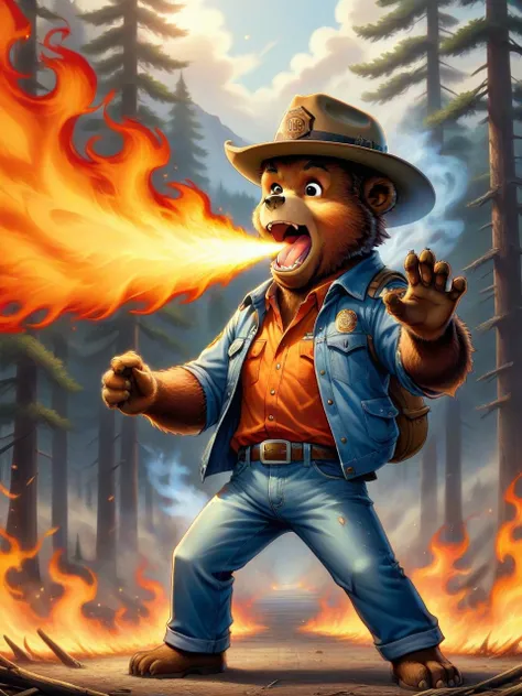 Smokey the Bear, Hat, Blue Jeans, <lora:FireBreath:0.6> breathing fire, open mouth, outdoors, Anime