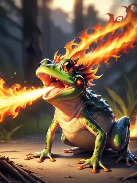 Frog, <lora:FireBreath:0.7> breathing fire, open mouth, outdoors