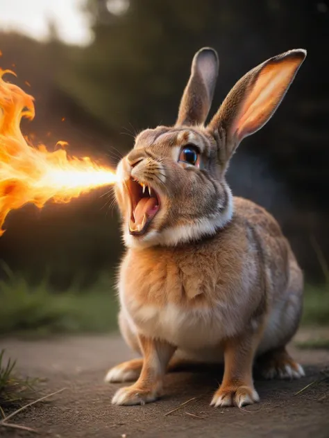 Rabbit, <lora:FireBreath:0.7> breathing fire, open mouth, outdoors, fur