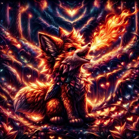 ValentineNatureStyle, heart shaped flowers backround,outdoors,sky,masterpiece,absurd resolution,,(Best quality:1.2), highres, heart shaped nature(scenary:1.2),cute small fluffy fox , breathing fire,detailed sharp teeth, blowing out fire trought mouth,small fluffy wings,small fox ears,open mouth,sitting,side view, <lora:FireBreathSD:0.6>,detailed tongue, <lora:add_detail:0.8> <lora:more_details:0.8>,<lora:ValentineNatureStyle:2>