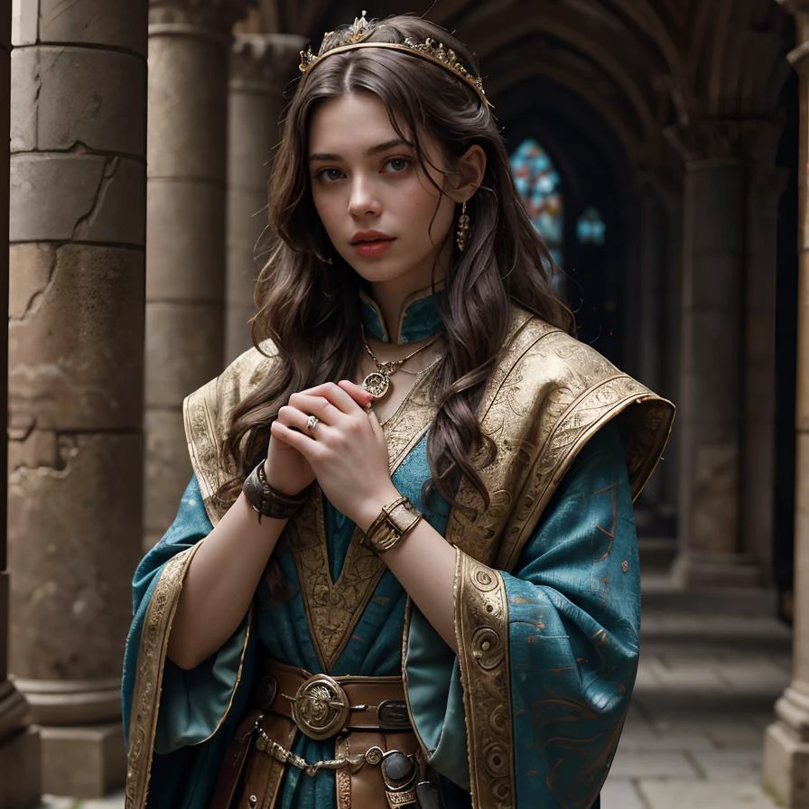 (masterpiece:1.2), (best quality,:1.2), 8k, HDR, ultra detailed, ((photorealistic)), perfect anatomy, professional light, cinematic lighting, fashion photography, ambient lighting,<lora:detail_slider_v4:3>, epic medieval fantasy, a priest in a mysterious temple, wearing a surcoat with holy symbols, holding a holy symbol, with black short and messy hair, tiara, necklace, leather Wristband, sash, <lora:zoom_slider_v1:-1.5>, <lora:cleavage:-1>, in the style of Tolkien, Middle Earth, epiCPhoto