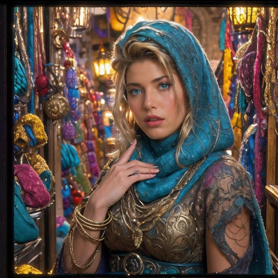 (masterpiece:1.2), (best quality,:1.2), 8k, HDR, ultra detailed, ((photorealistic)), perfect anatomy, professional light, cinematic lighting, ambient lighting, <lora:detail_slider_v4:3>, OverallDetail, epic medieval fantasy, Samantha, <lora:Samantha-10:1>, as a merchant in a store wearing a gown, with Turquoise blue long and messy hair, cowl, beaded necklace, metal arm cuff, belt, <lora:zoom_slider_v1:-2.5>, <lora:cleavage:-1.5>, <lora:fantasyAI:0.6> tanjoreai, style of Tolkien's Middle Earth, epiCPhoto
