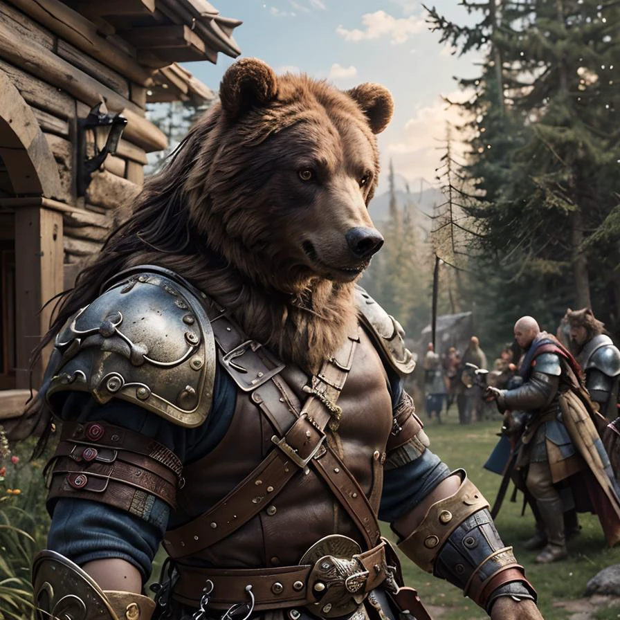 (masterpiece:1.2), (best quality,:1.2), 8k, HDR, ultra detailed, ((photorealistic)), perfect anatomy, professional light, cinematic lighting, fashion photography, ambient lighting,<lora:detail_slider_v4:3>, epic medieval fantasy, a beastmaster with bear, with auburn long hair, bandana, collar, metal Arm Cuff, chained belt, <lora:zoom_slider_v1:-1.5>, <lora:cleavage:-1>, in the style of Tolkien, Middle Earth, epiCPhoto