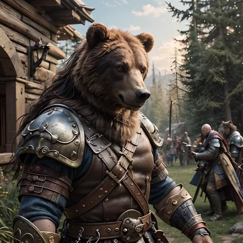 (masterpiece:1.2), (best quality,:1.2), 8k, HDR, ultra detailed, ((photorealistic)), perfect anatomy, professional light, cinematic lighting, fashion photography, ambient lighting,<lora:detail_slider_v4:3>, epic medieval fantasy, a  beastmaster with bear, with auburn long hair, bandana, collar, metal Arm Cuff,  chained belt, <lora:zoom_slider_v1:-1.5>,  <lora:cleavage:-1>, in the style of Tolkien, Middle Earth, epiCPhoto