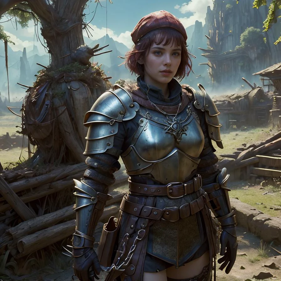 (masterpiece:1.2), (best quality,:1.2), 8k, HDR, ultra detailed, ((photorealistic)), perfect anatomy, professional light, cinematic lighting, fashion photography, ambient lighting,<lora:detail_slider_v4:3>, epic medieval fantasy, a fighter wearing plate armor, with red short hair, feathered cap, pendant with a holy symbol, gloves, chained belt, <lora:zoom_slider_v1:-1.5>, <lora:cleavage:-1>, <lora:fantasyAI:1> tanjoreai, in the style of Tolkien, Middle Earth, epiCPhoto