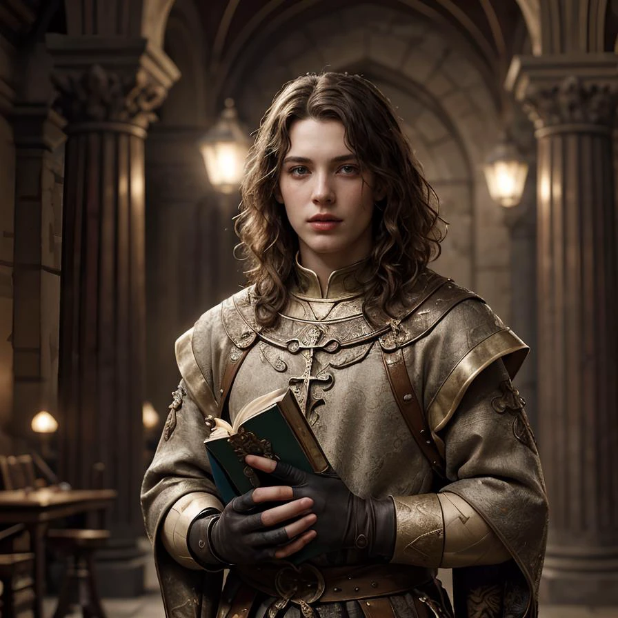 (masterpiece:1.2), (best quality,:1.2), 8k, HDR, ultra detailed, ((photorealistic)), perfect anatomy, professional light, cinematic lighting, fashion photography, ambient lighting,<lora:detail_slider_v4:3>, epic medieval fantasy, a male priest in a dark temple, wearing a surcoat with holy symbols, holding a book, with brown short and curly hair, beard, tiara, studded collar, gloves, sash, <lora:zoom_slider_v1:-1.5>, <lora:cleavage:-1>, in the style of Tolkien, Middle Earth, epiCPhoto