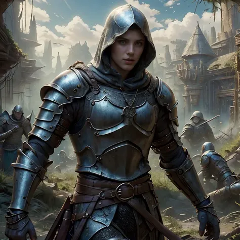 (masterpiece:1.2), (best quality,:1.2), 8k, HDR, ultra detailed, ((photorealistic)), perfect anatomy, professional light, cinematic lighting, fashion photography, ambient lighting,<lora:detail_slider_v4:3>, epic medieval fantasy, a knight wearing chainmail armor, with auburn short hair, hood, leaf-shaped pendant, metal arm cuff,  studded belt, <lora:zoom_slider_v1:-1.5>,  <lora:cleavage:-1>, <lora:fantasyAI:1> tanjoreai, in the style of Tolkien, Middle Earth, epiCPhoto