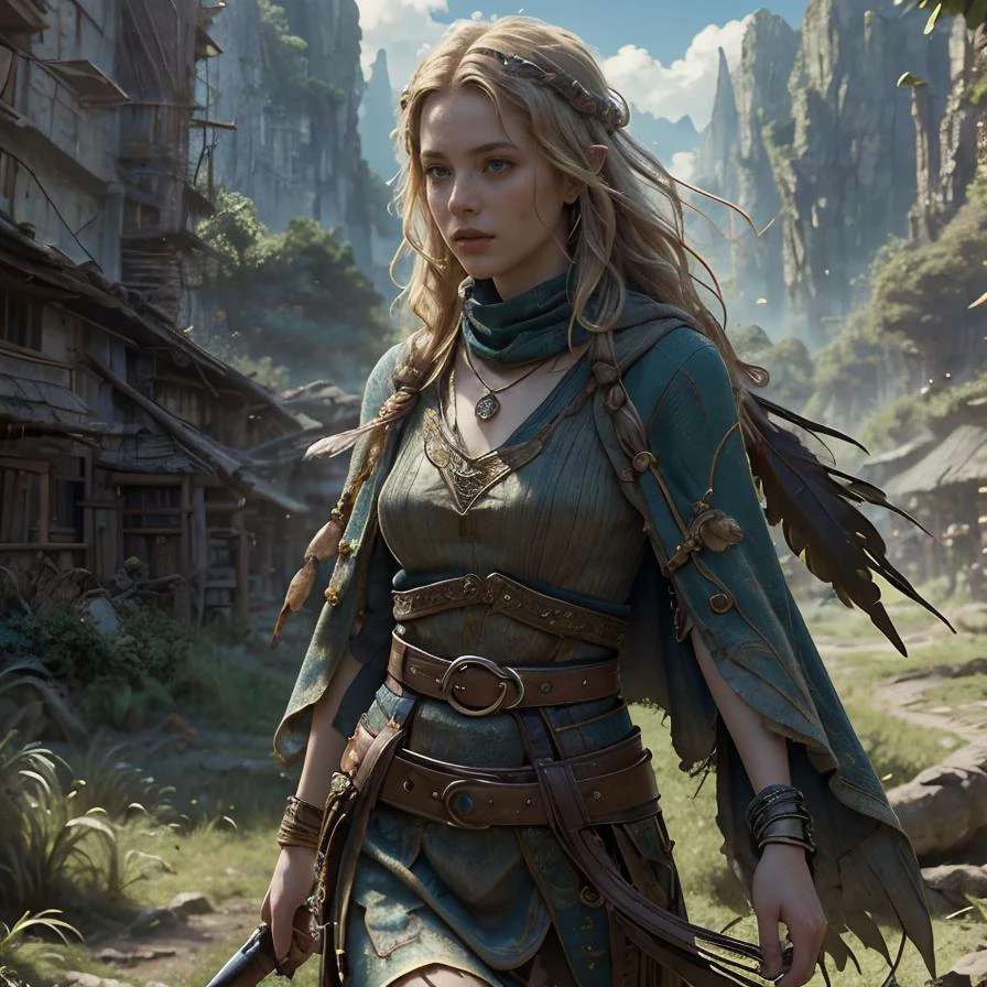 (masterpiece:1.2), (best quality,:1.2), 8k, HDR, ultra detailed, ((photorealistic)), perfect anatomy, professional light, cinematic lighting, fashion photography, ambient lighting,<lora:detail_slider_v4:3>, epic medieval fantasy, a shaman wearing primitive robes with feathers and bones, with blonde short and messy hair, bandana, leaf-shaped pendant, wristlet, belt with pouches, <lora:zoom_slider_v1:-1.5>, <lora:cleavage:-1>, <lora:fantasyAI:0.8> tanjoreai, in the style of Tolkien, Middle Earth, epiCPhoto