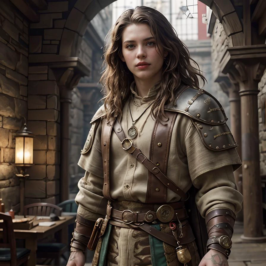 (masterpiece:1.2), (best quality,:1.2), 8k, HDR, ultra detailed, ((photorealistic)), perfect anatomy, professional light, cinematic lighting, fashion photography, ambient lighting,<lora:detail_slider_v4:3>, epic medieval fantasy, a bandit wearing old and worn a gambeson, with brown dreadlock hair, circlet, amulet, leather Wristband, studded belt, <lora:zoom_slider_v1:-1.5>, <lora:cleavage:-1>, in the style of Tolkien, Middle Earth, epiCPhoto