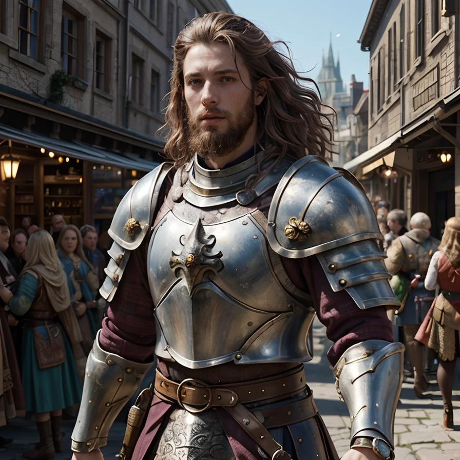 (masterpiece:1.2), (best quality,:1.2), 8k, HDR, ultra detailed, ((photorealistic)), perfect anatomy, professional light, cinematic lighting, fashion photography, ambient lighting,<lora:detail_slider_v4:3>, epic medieval fantasy, a middle-aged male knight wearing metal breastplate, with auburn long and curly hair, beard, tricorne, shawl, studded Bracelet, belt, <lora:zoom_slider_v1:-1.5>, <lora:cleavage:-1>, in the style of Tolkien, Middle Earth, epiCPhoto