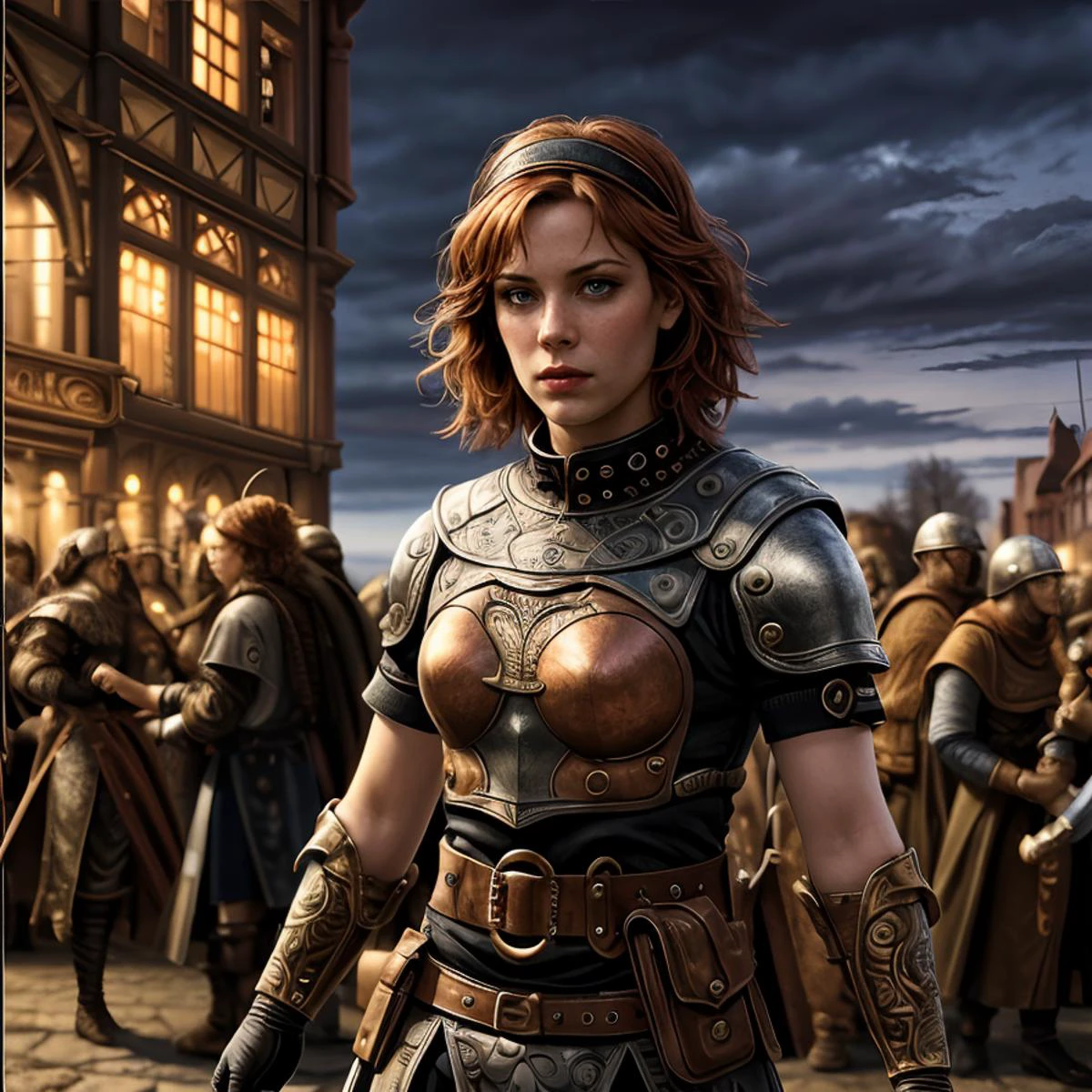 RAW photo, (masterpiece:1.3), subsurface scattering, heavy shadow, (high quality:1.4), (intricate, high detail:1.2), professional photography, HDR, High Dynamic Range, realistic, ultra realistic, photorealistic, high resolution, film photography, ambient lighting, atmospheric effects, <lora:detail_slider_v4:2>, OverallDetail, epic medieval fantasy, a mercenary with copper short hair, headband, studded collar, gloves, belt with pouches, in the night, <lora:zoom_slider_v1:-1.5>, <lora:cleavage:-1>, in the style of Larry Elmore, ELMORE_STYLE, <lora:Elmore_Style-000013:0.8>, epiCPhoto