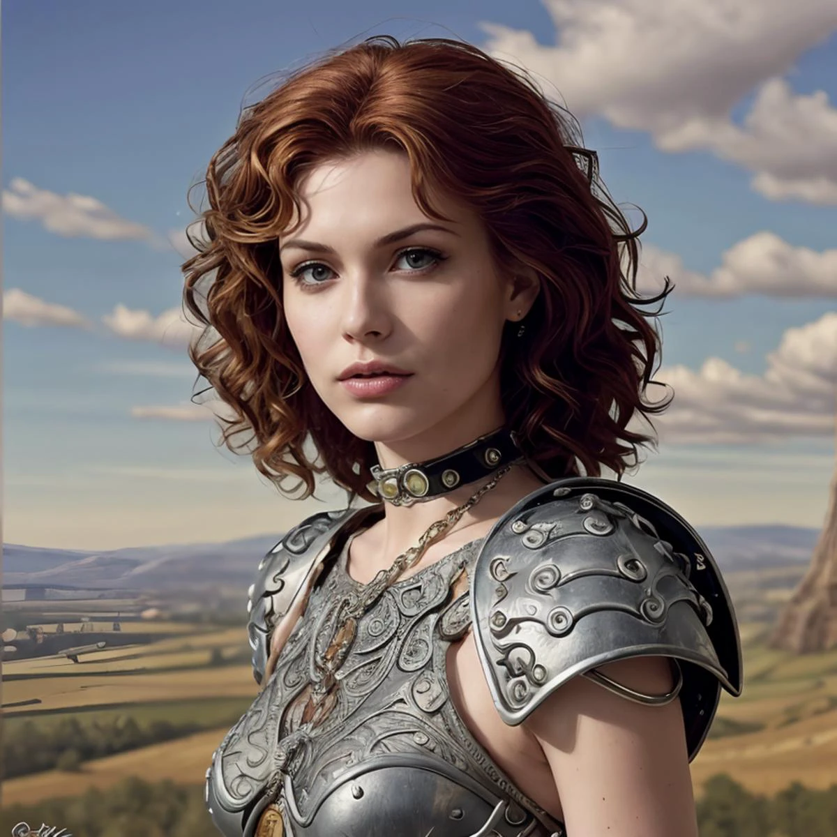 RAW photo, (masterpiece:1.3), subsurface scattering, heavy shadow, (high quality:1.4), (intricate, high detail:1.2), professional photography, HDR, High Dynamic Range, realistic, ultra realistic, photorealistic, high resolution, film photography, ambient lighting, atmospheric effects, <lora:detail_slider_v4:2>, OverallDetail, epic medieval fantasy, a fighter wearing heavy armor with auburn short and curly hair, circlet, fanhe, <lora:FantasyHeaddress:0.6>, studded choker, leather bracelet, chained belt, in the afternoon, <lora:zoom_slider_v1:-1.5>, <lora:cleavage:-1>, in the style of Larry Elmore, ELMORE_STYLE, <lora:Elmore_Style-000013:0.8>, epiCPhoto