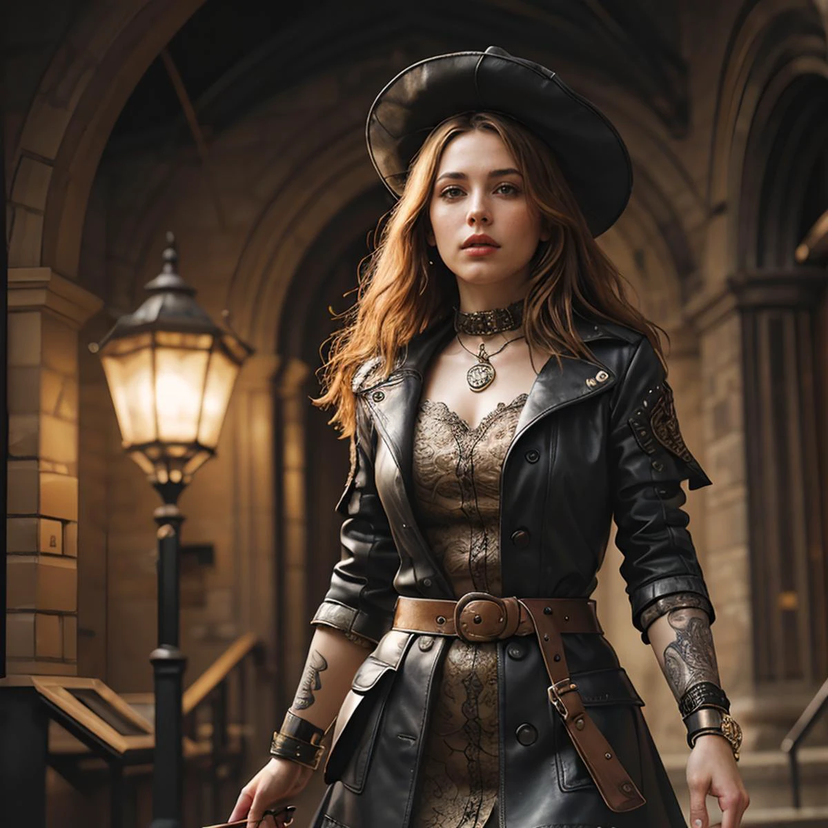 RAW photo, (masterpiece:1.3), subsurface scattering, heavy shadow, (high quality:1.4), (intricate, high detail:1.2), professional photography, HDR, High Dynamic Range, realistic, ultra realistic, photorealistic, high resolution, film photography, ambient lighting, atmospheric effects, <lora:detail_slider_v4:2>, OverallDetail, epic medieval fantasy, a witchhunter wearing a puritan hat and a long leather coat with jet black long and braided hair, headband, studded collar, bracers, belt with pouches, in the evening, <lora:zoom_slider_v1:-1.5>, <lora:cleavage:-1>, in the style of Boris Vallejo, astraa_bv, <lora:Astraa_Boris_Vallejo:1>, epiCPhoto