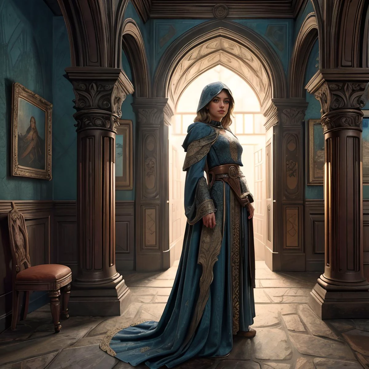 RAW photo, (masterpiece:1.3), subsurface scattering, heavy shadow, (high quality:1.4), (intricate, high detail:1.2), professional photography, HDR, High Dynamic Range, realistic, ultra realistic, photorealistic, high resolution, film photography, ambient lighting, atmospheric effects, <lora:detail_slider_v4:2>, OverallDetail, epic medieval fantasy, a noble in a throne room wearing an intricate and elaborate gown with sandy blonde long and braided hair, hood, choker, bracelet, belt with pouches, at high noon, <lora:zoom_slider_v1:-1.5>, <lora:cleavage:-1>, in the style of Greg and Tim Hildebrandt, broshild2023, <lora:broshild2023:0.8>, epiCPhoto