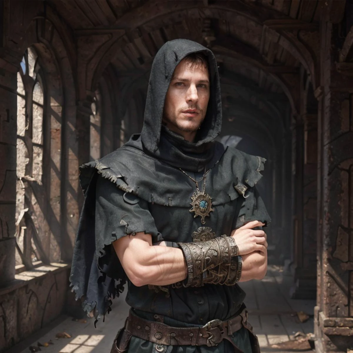 RAW photo, (masterpiece:1.3), subsurface scattering, heavy shadow, (high quality:1.4), (intricate, high detail:1.2), professional photography, HDR, High Dynamic Range, realistic, ultra realistic, photorealistic, high resolution, film photography, ambient lighting, atmospheric effects, <lora:detail_slider_v4:2>, OverallDetail, epic medieval fantasy, a bandit wearing an old and worn light armor with warm blonde long hair, feathered cap, mehe, <lora:Medieval_Headwear:1>, locket, bracers, armored shoulder pads, in the night, <lora:zoom_slider_v1:-1.5>, <lora:cleavage:-1>, in the style of Boris Vallejo, astraa_bv, <lora:Astraa_Boris_Vallejo:1>, epiCPhoto