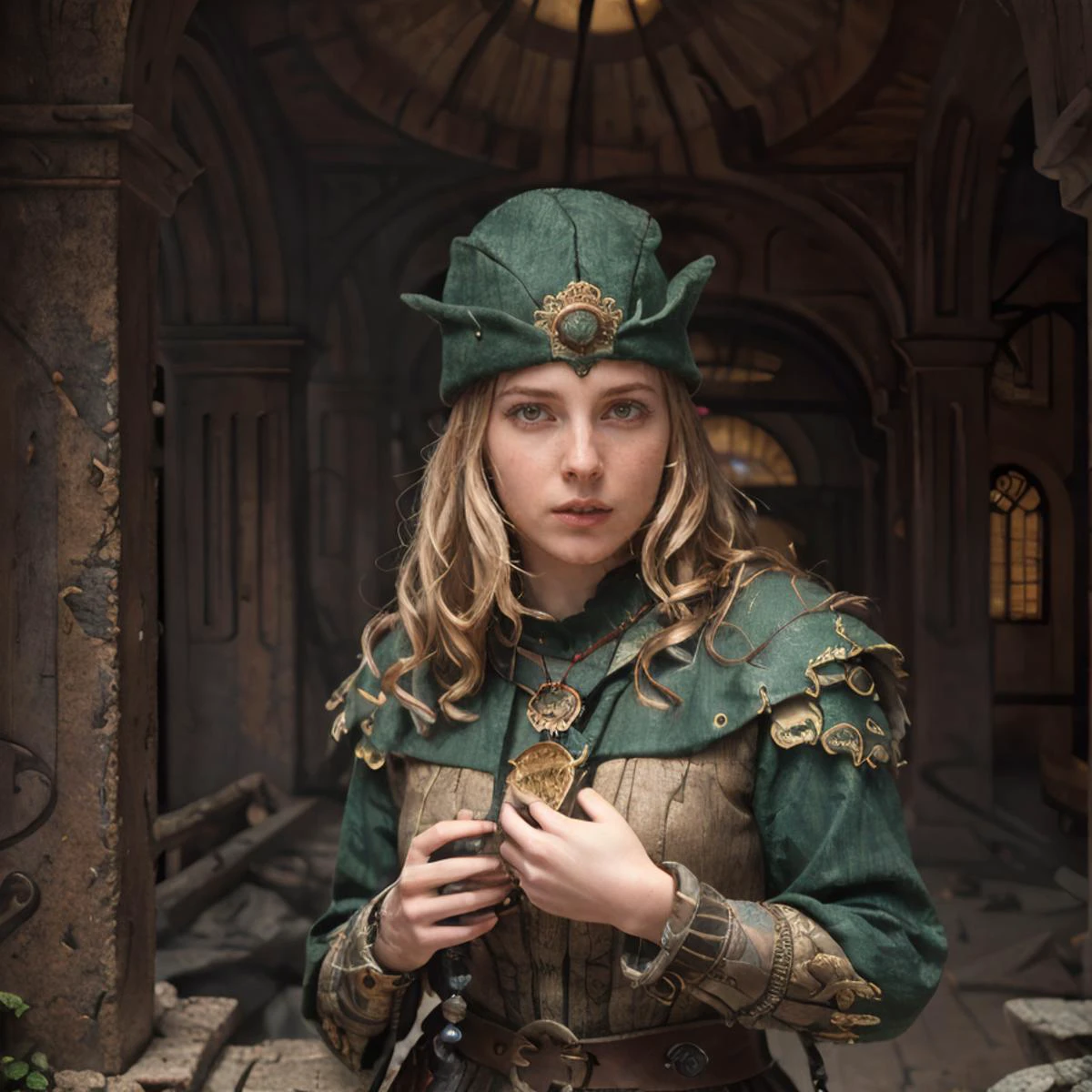 RAW photo, (masterpiece:1.3), subsurface scattering, heavy shadow, (high quality:1.4), (intricate, high detail:1.2), professional photography, HDR, High Dynamic Range, realistic, ultra realistic, photorealistic, high resolution, film photography, ambient lighting, atmospheric effects, <lora:detail_slider_v4:2>, OverallDetail, epic medieval fantasy, a cleric in a good temple with dirty blonde long and curly hair, feathered cap, mehe, <lora:Medieval_Headwear:1>, locket, wristlet, chained belt, at sunrise, <lora:zoom_slider_v1:-1.5>, <lora:cleavage:-1>, in the style of Michael Whelan, mwhelan, <lora:mwhelan:1>, epiCPhoto