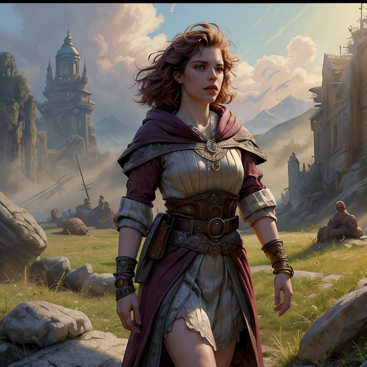 RAW photo, (masterpiece:1.3), subsurface scattering, heavy shadow, (high quality:1.4), (intricate, high detail:1.2), professional photography, HDR, High Dynamic Range, realistic, ultra realistic, photorealistic, high resolution, film photography, ambient lighting, atmospheric effects, <lora:detail_slider_v4:2>, OverallDetail, epic medieval fantasy, a carpenter wearing a rough gown with fiery red short and messy hair, hood, leaf-shaped pendant, studded bracelet, belt, at high noon, <lora:zoom_slider_v1:-1.5>, <lora:cleavage:-1>, in the style of Greg and Tim Hildebrandt, broshild2023, <lora:broshild2023:0.8>, epiCPhoto