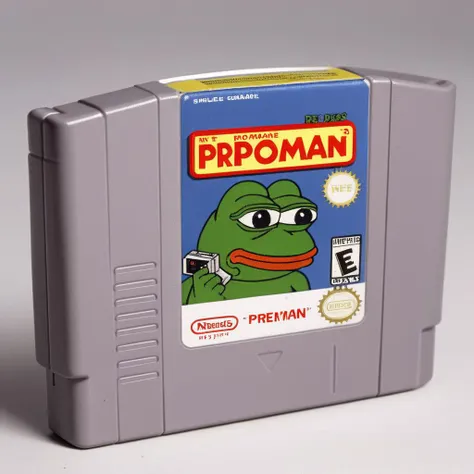 A photorealistic image of a classic game cartridge, perhaps resembling those used in retro gaming systems like the NES or SNES. The cartridge should be in good condition, with its label clearly visible. On this label, prominently feature a character that is a sad frogman. The frogman should have humanoid features but with distinct frog-like characteristics such as webbed hands or feet. His expression should be one of sadness or melancholy. The title of the game, if visible, should be something that matches the mood of the frogman character. The lighting should be even, highlighting the details of the cartridge and the printed character,<lora:DD-pepe-v2:0.8> pepe, <lora:n64:0.7>