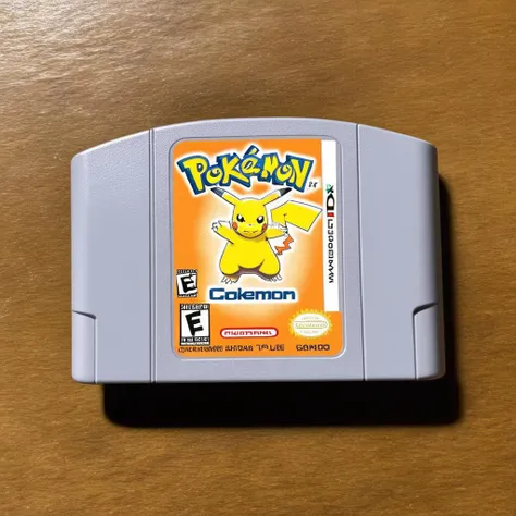 A photorealistic image of a game cartridge, possibly resembling a classic Game Boy or Nintendo DS cartridge. The cartridge should be in mint condition, with vibrant colors and clear text. On the label of the cartridge, there should be Pokémon graphics featuring one or more iconic Pokémon like Pikachu, Charizard, or Bulbasaur. The Pokémon should be in dynamic poses, as if ready for battle. The title 'Pokémon' should be prominently displayed on the cartridge label, along with other typical elements like the game's rating and developer logo, <lora:XLCharizardV1:0.8> charizard, pokemon, <lora:n64:0.7>