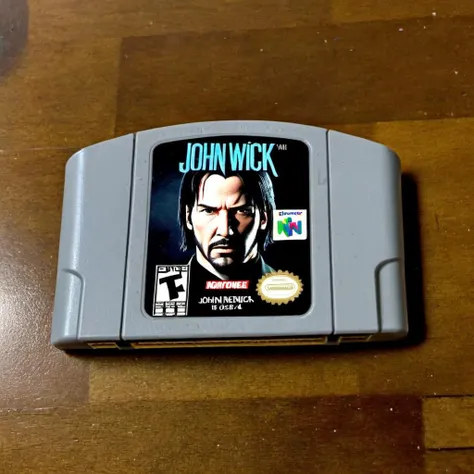 <lora:n64:1>, "John Wick", n64 video game cartridge, Keanu Reeves as John Wick, english text, no humans, solo, parody, photo