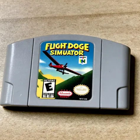 <lora:n64:1>, "Flight Simulator", n64 video game cartridge, Cessna O1 Bird Dog, english text, no humans, solo, parody, photo