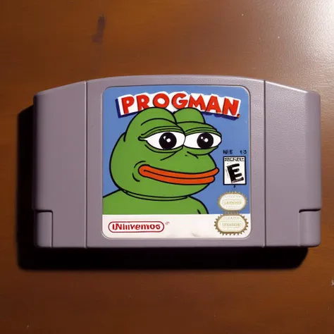 A photorealistic image of a classic game cartridge, perhaps resembling those used in retro gaming systems like the NES or SNES. The cartridge should be in good condition, with its label clearly visible. On this label, prominently feature a character that is a sad frogman. The frogman should have humanoid features but with distinct frog-like characteristics such as webbed hands or feet. His expression should be one of sadness or melancholy. The title of the game, if visible, should be something that matches the mood of the frogman character. The lighting should be even, highlighting the details of the cartridge and the printed character,<lora:DD-pepe-v2:0.8> pepe, <lora:n64:0.7>