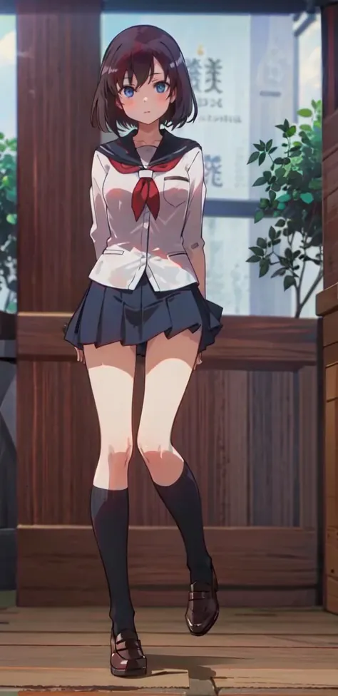 masterpiece, best quality,1girl, school uniform, short hair, blue eyes, full body,